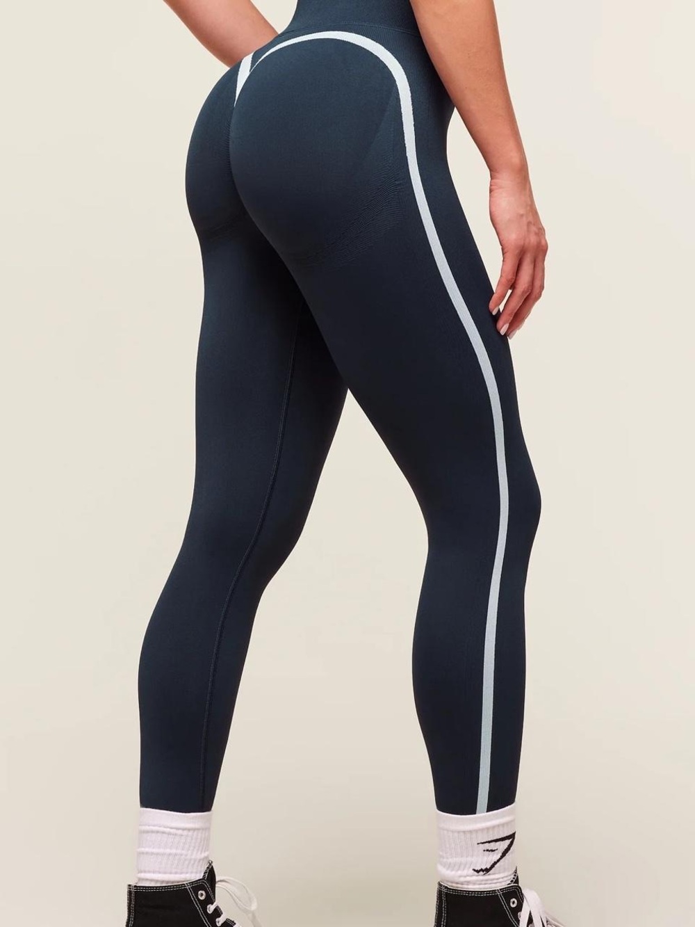 Gymshark Dark Blue High-Waist Leggings with White Contrast Stripe